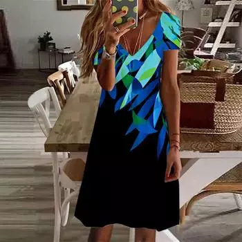 Летняя мода женское платье с V-образным вырезом и коротким рукавом, синее платье с принтом листьев бамбука, сексуальное платье XS синий