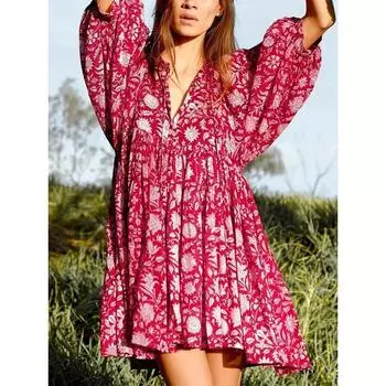 Летняя мода женское платье свободного покроя со свободными бретелями пляжное художественное ретро-стиль с принтом повседневные платья S красный