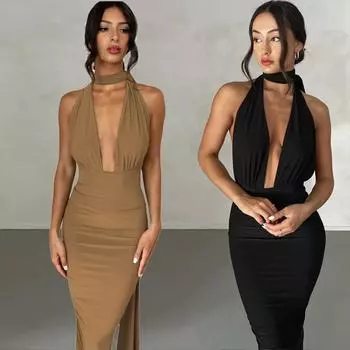 Летняя мода женское сексуальное платье с глубоким V-образным вырезом и открытой спиной S чёрный