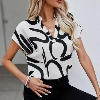 Летняя модная элегантная женская рубашка с рукавом «летучая мышь» с v-образным вырезом в полоску и принтом, повседневная блузка, женская винтажная свободная офисная женская рубашка, топы 24408 S белый