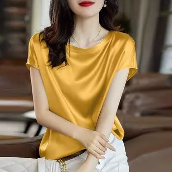 Летняя модная атласная рубашка женская повседневная футболка с коротким рукавом и круглым вырезом M хаки
