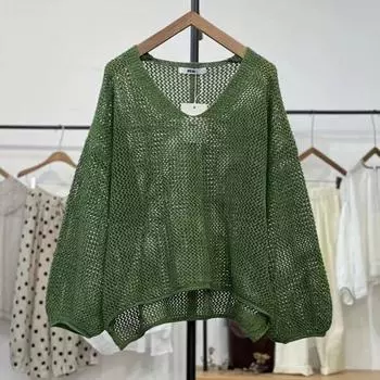 Летняя модная ажурная трикотажная рубашка, универсальная толстовка с капюшоном и V-образным вырезом, ленивый стиль, толстовка с капюшоном M зелёный