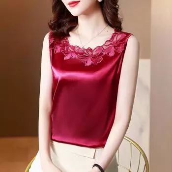 Летняя модная базовая рубашка с шелковым атласным кружевным узором в стиле пэчворк для стильного образа с верхом без рукавов на блузках и рубашках M белый