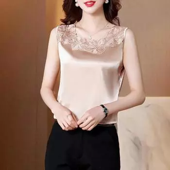 Летняя модная базовая рубашка с шелковым атласным кружевным узором в стиле пэчворк для стильного образа с верхом без рукавов на блузках и рубашках M белый