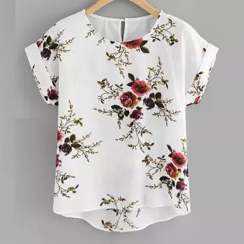 Летняя модная блузка с цветочным принтом, пуловер, женские футболки с круглым вырезом, женские рубашки с короткими рукавами, Blusas Femininas, одежда XXL белый