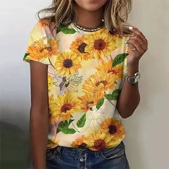 Летняя модная блузка, женская футболка, модные футболки с цветочным принтом, повседневные повседневные топы с короткими рукавами большого размера, женская одежда XS