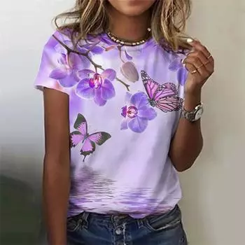 Летняя модная блузка, женская футболка, модные футболки с цветочным принтом, повседневные повседневные топы с короткими рукавами большого размера, женская одежда S