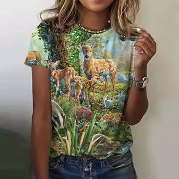 Летняя модная блузка, женские футболки, базовая женская одежда больших размеров, футболка с 3D-принтом «Дикие животные», повседневные футболки, топ с коротким рукавом S