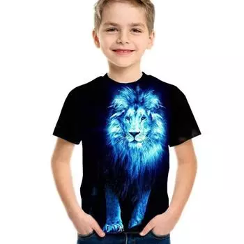Летняя модная футболка с 3D изображением льва, детская футболка с забавными животными, рубашки с волком и тигром, повседневные детские топы с короткими рукавами и героями мультфильмов для мальчиков и девочек 100