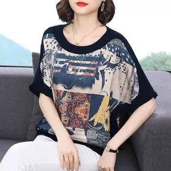 Летняя модная футболка с круглым вырезом и коротким рукавом, свободная футболка для женщин, повседневная, из ледяного шелка, удобная женская одежда M синий
