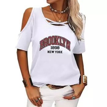 Летняя модная футболка с открытыми плечами и короткими рукавами с принтом для женщин, повседневная женская футболка с круглым вырезом S розовый