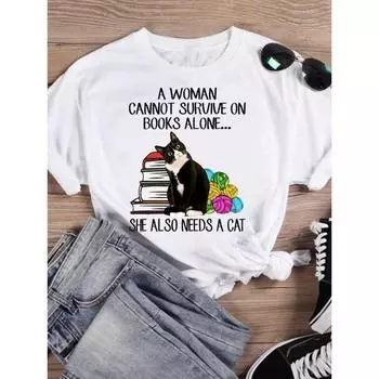 Летняя модная футболка с принтом кота, женская хлопковая свободная футболка с круглым вырезом и короткими рукавами для женщин S