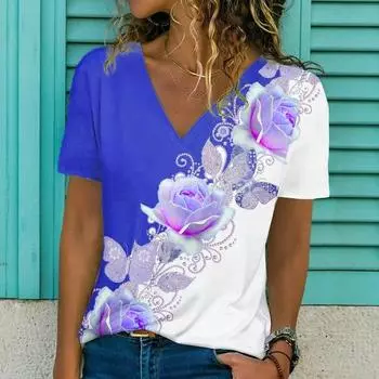 Летняя модная футболка с V-образным вырезом Y2K женская мода с коротким рукавом свободная удобная рубашка топы футболка с 3D-принтом одежда 3XL