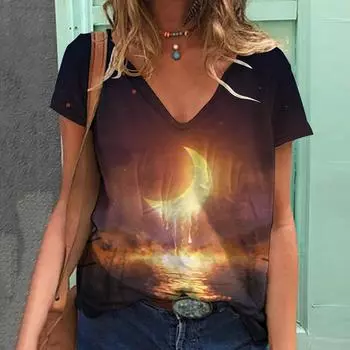 Летняя модная футболка женская контрастная строчка лунный свет цифровой 3D принт топы повседневные короткие рукава новые рубашки с круглым вырезом Femme 5XL