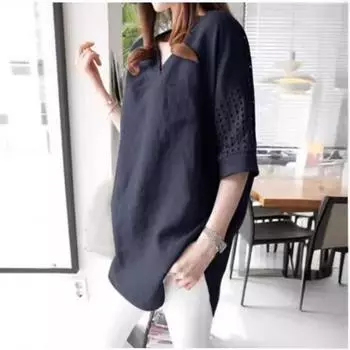 Летняя модная хлопковая льняная блузка с однотонными рукавами сзади, полыми карманами и V-образным вырезом женская рубашка Блузки и рубашки S хаки