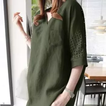 Летняя модная хлопковая льняная блузка с однотонными рукавами сзади, полыми карманами и V-образным вырезом женская рубашка Блузки и рубашки S зелёный