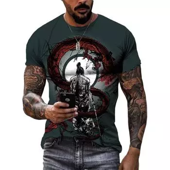 Летняя модная крутая футболка японского самурая, мужская трендовая повседневная уличная одежда с принтом, быстросохнущая футболка с круглым вырезом и короткими рукавами S