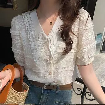 Летняя модная кружевная шифоновая рубашка, женская элегантная однотонная повседневная блузка на пуговицах, женская 2023, корейские женские топы с короткими рукавами Mujer 25357 S абрикосовый