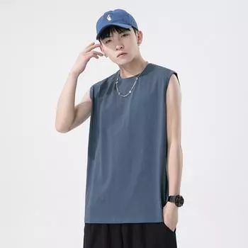 Летняя модная мужская футболка без рукавов из плотной ткани, мужская спортивная одежда из хлопка, однотонная рубашка из чистого хлопка с лифом M