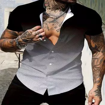 Летняя модная мужская повседневная рубашка с постепенным принтом на пуговицах с коротким рукавом, подходящая для активного отдыха и пляжных развлечений S