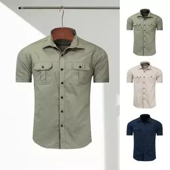 Летняя модная мужская рубашка с коротким рукавом с лацканами, однотонная рубашка на пуговицах, повседневные рубашки с карманами-карго, мужские простые топы для повседневной вечеринки на открытом воздухе M армия зеленый