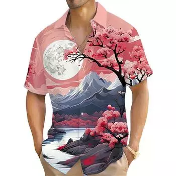 Летняя модная мужская рубашка с короткими рукавами, японский узор с изображением цветка Фудзи и цветущей вишни, повседневная уличная одежда для мужчин, свободные топы S
