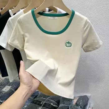 Летняя модная облегающая футболка с вышивкой и коротким рукавом, женские однотонные топы с низом M