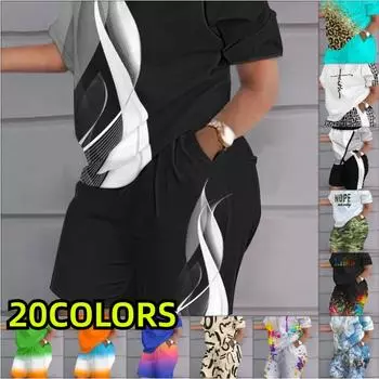 Летняя модная одежда с принтом, женский повседневный костюм с короткими рукавами и круглым вырезом, карманный костюм, женская футболка, топ, шорты, комплект из двух предметов S