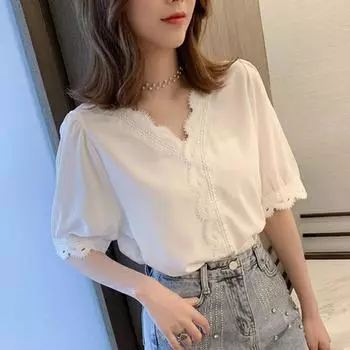 Летняя модная однотонная блузка, пуловер, женские футболки с v-образным вырезом, женские рубашки с короткими рукавами, Blusas Femininas, одежда S