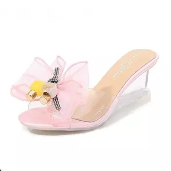 Летняя модная пикантная женская обувь на танкетке, высокие каблуки, сандалии больших размеров, хрустальные тапочки 40 розовый