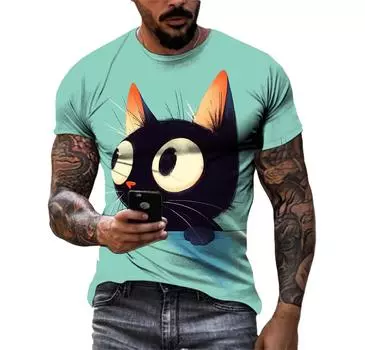 Летняя модная повседневная футболка с рисунком мультяшного кота для мужчин, новая забавная футболка с рисунком аниме с 3D-цифровой печатью в стиле Харадзюку с круглым вырезом S
