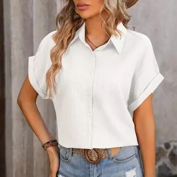Летняя модная повседневная рубашка с коротким рукавом, элегантная свободная однотонная женская рубашка 2024, белая блузка, женские офисные топы на пуговицах 30644 S темно-синий