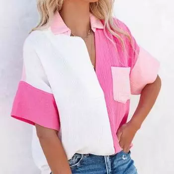 Летняя модная повседневная свободная рубашка, женские лоскутные цветные топы с короткими рукавами, хлопковая блузка, женские рубашки на пуговицах, одежда 26436 S синий