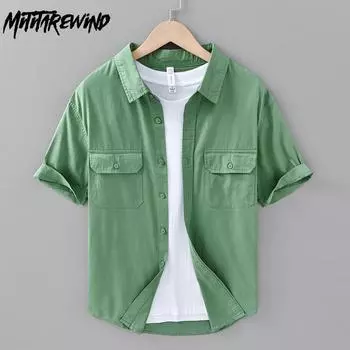 Летняя модная рубашка с коротким рукавом для мужчин в японском стиле, рабочая одежда, рубашка с двойными карманами, чистый хлопок, воротник-лацкан, повседневные мужские топы M зелёный