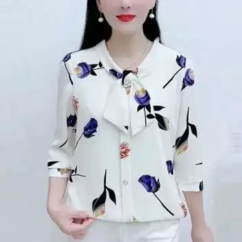 Летняя модная шифоновая рубашка для женщин среднего возраста, блузка с рукавом 3/4 с принтом, топ для мам, новая офисная женская корейская блузка 6XL красный