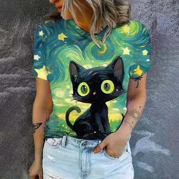 Летняя модная тенденция, простая женская футболка с короткими рукавами и принтом кота, новинка 2024 года, качественная свободная повседневная футболка с круглым вырезом L