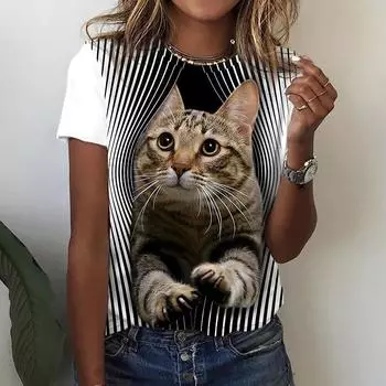 Летняя модная женская блузка, футболки с забавным принтом кота, топ с короткими рукавами, женские футболки Kawaii, футболки, женская одежда большого размера S