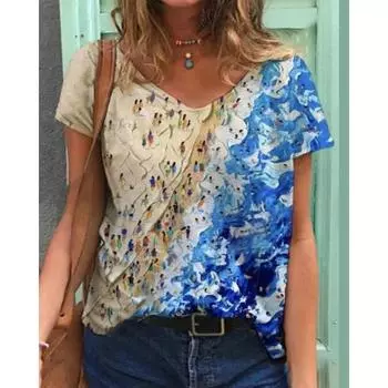 Летняя модная женская футболка повседневная с короткими рукавами Harajuku 3D принтованный модный топ с V-образным вырезом уличная свободная одежда больших размеров S