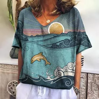 Летняя модная женская футболка, повседневная уличная одежда, топы с коротким рукавом, женская одежда с принтом природных пейзажей в стиле Харадзюку, свободная женская одежда S