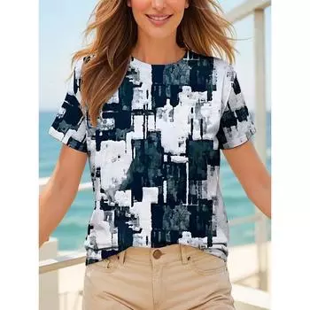 Летняя модная женская футболка с графическим геометрическим принтом, винтажная, стильная классическая, с коротким рукавом, круглым вырезом, с круглым вырезом, обычные топы S