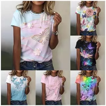 Летняя модная женская футболка с круглым вырезом и принтом в виде бабочки, футболка с принтом Y2k Harajuku, ретро-топ, футболка, свободная одежда S