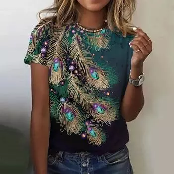 Летняя модная женская футболка с павлиньим пером и 3D принтом, топ в стиле Харадзюку, красочные индивидуальные футболки с короткими рукавами, одежда оверсайз XXS
