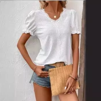 Летняя модная женская футболка с V-образным вырезом и рукавами-пузырями и кружевной кромкой S белый