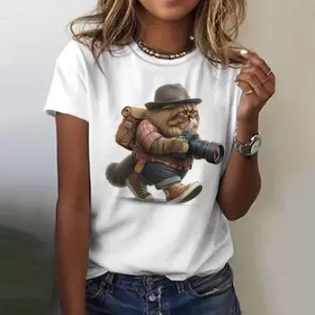 Летняя модная женская футболка с забавным принтом в виде кошки, повседневная, с круглым вырезом и коротким рукавом, удобная свободная футболка S