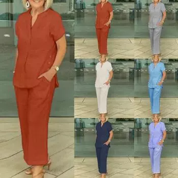 Летняя модная женская коллекция, комплект из двух предметов: топ с V-образным вырезом, короткими рукавами, эластичный пояс, широкие брюки, хлопковый лен XXXXXL синий