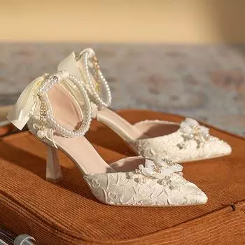 Летняя модная женская обувь, свадебные туфли, вечерние туфли с жемчугом и стразами, бисером, туфли на шнуровке, белые туфли подружки невесты 34 абрикосовый