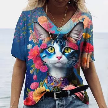 Летняя модная женская одежда с v-образным вырезом, большие размеры, футболки с короткими рукавами, женская повседневная футболка с принтом животных, тренд 2024, милая блузка L