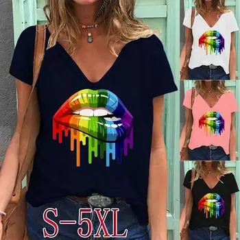 Летняя модная женская разноцветная футболка с принтом губ и короткими рукавами, v-образным вырезом, повседневная свободная блузка, топы, большие размеры S-5XL 2XL армия зеленый