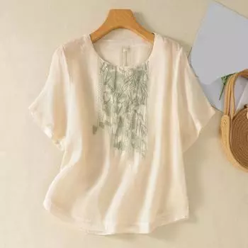 Летняя модная женская рубашка из хлопка и льна с коротким рукавом, элегантная свободная женская простая рубашка с круглым вырезом 288 M