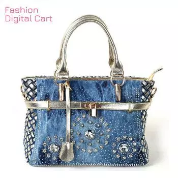 Летняя модная женская сумка, большие оксфордские сумки на ремне, лоскутный джинсовый стиль и украшение из кристаллов, синяя сумка золотой